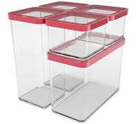 Rotho Loft Set of 5 Storage Jars with Lids, Various Sizes, Food-Grade Plastic (SAN) BPA-Free, Transparent/Red, 2 x 1.5 L + 2 x 0.5 L + 1 x 2.1 L (21.4 x 23.5 cm)
