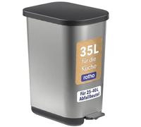 Rotho Orbe Bin 35 L with Lid and Foot Pedal, Easy-Care Plastic, Ideal for Kitchen and Household, Silver, 35 L, 40 x 28.5 x 51.3 cm