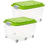 Rotho Roller 6 Set of 2 storage boxes 57 l with lid, Plastic (PP) BPA-free, Transparent/Green, 2 x 57 l (60,0 x 40,0 x 37,0 cm)