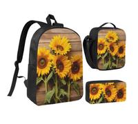 ROTHSKNV Three Sunflowers on Wooden Backpack Set 3 PCS - 17 Inch Laptop Backpack with Lunch Bag, Waterproof Daypack Insulated Lunch Box Large Capacity Coin Pouch Personalized Gift