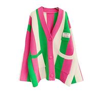Rothstone Womens Long Sleeve Cable Knitted Color Block Boho Striped Sweater Cardigans for Early Spring,Fall or Winter, Rainbow Pink, XL