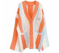 Rothstone Womens Long Sleeve Cable Knitted Color Block Boho Striped Sweater Cardigans for Early Spring,Fall or Winter, Rainbow Orange, M