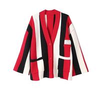 Rothstone Womens Long Sleeve Cable Knitted Color Block Boho Striped Sweater Cardigans for Early Spring,Fall or Winter, Red, L