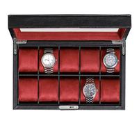 ROTHWELL 10 Slot Leather Watch Box - Luxury Watch Case Display Organizer, Ultra Soft Microsuede Liner, Locking Jewelry Watches Holder With Large Glass Top (Black/Red)