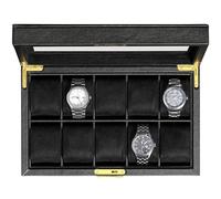 ROTHWELL 10 Slot Leather Watch Box - Luxury Watch Case Display Organizer, Ultra Soft Microsuede Liner, Locking Jewelry Watches Holder With Large Glass Top (Black/Black)