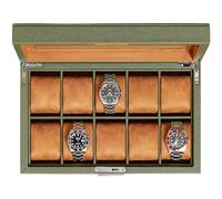 ROTHWELL 10 Slot Leather Watch Box - Luxury Watch Case Display Organizer, Ultra Soft Microsuede Liner, Locking Jewelry Watches Holder With Large Glass Top (Green/Tan)