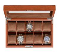 ROTHWELL 10 Slot Leather Watch Box - Luxury Watch Case Display Organizer, Ultra Soft Microsuede Liner, Locking Jewelry Watches Holder With Large Glass Top (Tan/Brown)