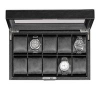 ROTHWELL 10 Slot Leather Watch Box - Luxury Watch Case Display Organizer, Ultra Soft Microsuede Liner, Locking Jewelry Watches Holder With Large Glass Top (Black/Grey)