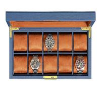 ROTHWELL 10 Slot Leather Watch Box - Luxury Watch Case Display Organizer, Ultra Soft Microsuede Liner, Locking Jewelry Watches Holder With Large Glass Top (Blue/Tan)