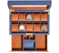 ROTHWELL 10 Slot Leather Watch Box with Valet Drawer - Luxury Watch Case Display Organizer, Ultra Soft Microsuede Liner, Locking Jewelry Watches Holder With Large Glass Top (Blue/Tan)