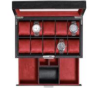 ROTHWELL 10 Slot Leather Watch Box with Valet Drawer - Luxury Watch Case Display Organizer, Ultra Soft Microsuede Liner, Locking Jewelry Watches Holder With Large Glass Top (Black/Red)