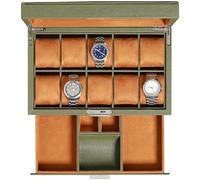ROTHWELL 10 Slot Leather Watch Box with Valet Drawer - Luxury Watch Case Display Organizer, Ultra Soft Microsuede Liner, Locking Jewelry Watches Holder With Large Glass Top (Green/Tan)