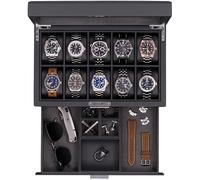 ROTHWELL 10-Slot Watch Box in Leather with Valet Drawer, Luxury Watch Case Display Organizer with Ultra Soft Microsuede Liner, Jewelry and Sunglass Holder With Large Glass top (Carbon)