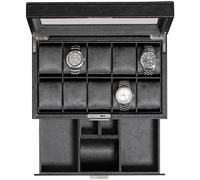 ROTHWELL 10 Slot Watch Box with Valet Drawer - Luxury Watch Case Display Organizer, Ultra Soft Microsuede Liner, Locking Jewelry Watches Holder With Large Glass Top (Black/Grey)