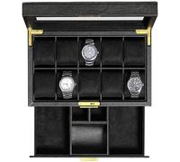 ROTHWELL 10 Slot Watch Box with Valet Drawer - Luxury Watch Case Display Organizer, Ultra Soft Microsuede Liner, Locking Jewelry Watches Holder With Large Glass Top (Black/Black)