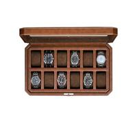 ROTHWELL 12 Slot Leather Watch Box - Luxury Watch Case Display Organizer, Microsuede Liner, Locking Mens Jewelry Watches Holder, Men's Storage Boxes Holder Large Glass Top (Tan/Brown)