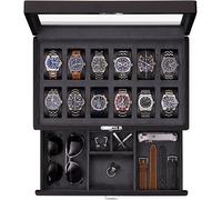 ROTHWELL 12-Slot Matte Black Watch Box with Valet Drawer - Premium Jewelry Display Case Organizer with Locking Glass Top and Microsuede Liner for Men & Women (Carbon Interior)