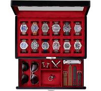 ROTHWELL 12-Slot Piano Black Watch Box with Valet Drawer - Premium Jewelry Display Case Organizer with Locking Glass Top and Microsuede Liner for Men & Women (Red Interior)