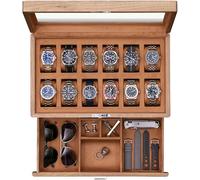 ROTHWELL 12-Slot Solid Walnut Watch Box with Valet Drawer - Premium Jewelry Display Case Organizer with Locking Glass Top and Microsuede Liner for Men & Women (Tan Interior)