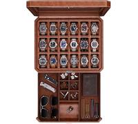 ROTHWELL 18-Slot Watch Case with Drawer - Luxury Watch Box for Men, Real Glass Top, Lockable, Display Case for Collections (Tan/Brown)