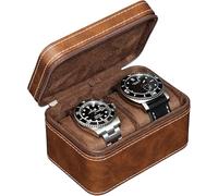 ROTHWELL 2 Watch Travel Case for Men | Compact PU Leather Protective Box with Microsuede Interior | Fits Watches & Smartwatches Up to 55mm (Tan/Brown)
