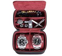 ROTHWELL 2 Watch Travel Case Storage Organizer for 2 Watches | Tough Portable Protection w/Zipper Fits All Wristwatches & Smart Watches Up to 50mm (Black/Red)