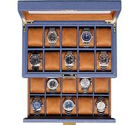 ROTHWELL 20 Slot Leather Watch box - Luxury Case Display Jewelry Organizer, - Locking Display Case Holder with Large Real Glass Top - Watch Box Organizer for Men and Women (Blue/Tan)