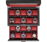 ROTHWELL 20 Slot Leather Watch box - Luxury Case Display Jewelry Organizer, - Locking Display Case Holder with Large Real Glass Top - Watch Box Organizer for Men and Women (Black/Red)