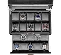 ROTHWELL 20 Slot Leather Watch box - Luxury Case Display Jewelry Organizer, Locking Holder with Large Real Glass Top Organizer for Men and Women (Black/Grey)