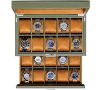 ROTHWELL 20 Slot Leather Watch Box - Luxury Case Display Jewelry Organizer, Locking Holder With Large Real Glass Top for Men and Women (Green/Tan)