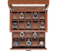 ROTHWELL 20 Slot Leather Watch box - Luxury Case Display Jewelry Organizer, Locking Holder with Large Real Glass Top Organizer for Men and Women (Tan/Brown)