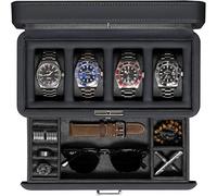 ROTHWELL 4-Slot Leather Watch Box with Valet Drawer and Locking Display Case, Real Glass Top - Watch Organizer for Men and Women (Carbon)
