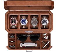 ROTHWELL 4-Slot Leather Watch Box with Valet Drawer and Locking Display Case, Real Glass Top - Watch Organizer for Men and Women (Light Brown)