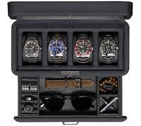 ROTHWELL 4 Slot Leather Watch Box with Valet Drawer - Luxury Case Display Jewelry Organizer, Locking Display Case Holder with Real Glass Top - Watch Box Organizer for Men & Women (Carbon)