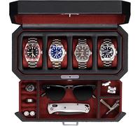 ROTHWELL 4-Slot Leather Watch Box with Valet Drawer - Luxury Case Display Organizer, Locking Display Case with Real Glass Top - Watch Box for Men & Women (Red)