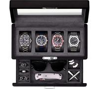 ROTHWELL 4-Slot Matte Black Watch Box with Valet Drawer - Premium Jewelry Display Case Organizer with Locking Glass Top and Microsuede Liner for Men & Women (Carbon Interior)