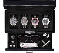 ROTHWELL 4-Slot Piano Black Watch Box with Valet Drawer - Premium Jewelry Display Case Organizer with Locking Glass Top and Microsuede Liner for Men & Women (Black Interior)
