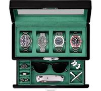 ROTHWELL 4-Slot Piano Black Watch Box with Valet Drawer - Premium Jewelry Display Case Organizer with Locking Glass Top and Microsuede Liner for Men & Women (Green Interior)