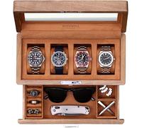 ROTHWELL 4-Slot Solid Walnut Watch Box with Valet Drawer - Premium Jewelry Display Case Organizer with Locking Glass Top and Microsuede Liner for Men & Women (Tan Interior)