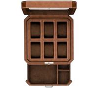 ROTHWELL 6 Slot Leather Watch Box with Valet Drawer - Luxury Watch Case Display Organizer, Men's Storage Boxes Holder Large Glass Top (Tan/Brown)