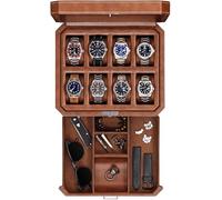 ROTHWELL 8 Slot Leather Watch Box with Valet Drawer - Luxury Case Display Jewelry Organizer, Locking Display Case Holder, Real Glass Top - Watch Box Organizer for Men & Women (Tan/Brown)