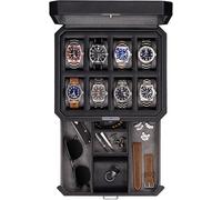ROTHWELL 8-Slot Leather Watch Box with Valet Drawer - Luxury Case Display Organizer, Locking Display Case, Real Glass Top - Watch Box for Men & Women (Black/Grey)