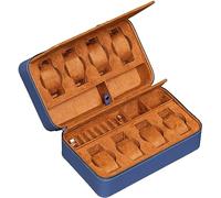 ROTHWELL 8 Watch Travel Case Storage Organizer for 8 Watches, 2 Pairs of Sunglasses, Rings & Cufflinks | Tough Portable Protection w/Zipper Fits All Wristwatches & Smart Watches Up to 50mm (Blue/Tan)