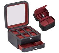 ROTHWELL Gift Set 6 Slot Leather Watch Box and 2 Watch Travel Case - Luxury Watch Case Organizer, Microsuede Liner, Locking Mens Jewelry Watches Holder, Storage Boxes Glass Top (Black/Red Gift Set)