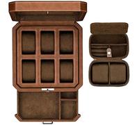 ROTHWELL Gift Set 6 Slot Leather Watch Box and 2 Watch Travel Case - Luxury Watch Case Organizer, Microsuede Liner, Locking Mens Jewelry Watches Holder, Storage Boxes Glass Top (Tan/Brown Gift Set)