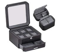 ROTHWELL Gift Set 6 Slot Leather Watch Box and 2 Watch Travel Case - Luxury Watch Case Organizer, Storage Boxes Holder Glass Top (Black/Grey Gift Set)