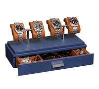ROTHWELL Luxury Watch Display Case for 4 Watches - Leather Watch Box with Acrylic Cover and Removable Slide in Cushions - Accessory Drawer with Multiple Configurations (Blue/Tan)