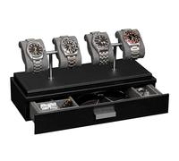 ROTHWELL Luxury Watch Display Case for 4 Watches - Leather Watch Box with Acrylic Cover and Removable Slide in Cushions - Accessory Drawer with Multiple Configurations (Black/Grey)
