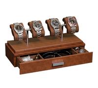 ROTHWELL Luxury Watch Display Case for 4 Watches - Leather Watch Box with Acrylic Cover and Removable Insert Cushion - Accessory Drawer with Multiple Configurations (Light Brown/Brown)