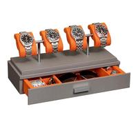 ROTHWELL Luxury Watch Display Case for 4 Watches - Leather Watch Box with Acrylic Cover and Removable Slide in Cushions - Accessory Drawer with Multiple Configurations (Grey/Orange)